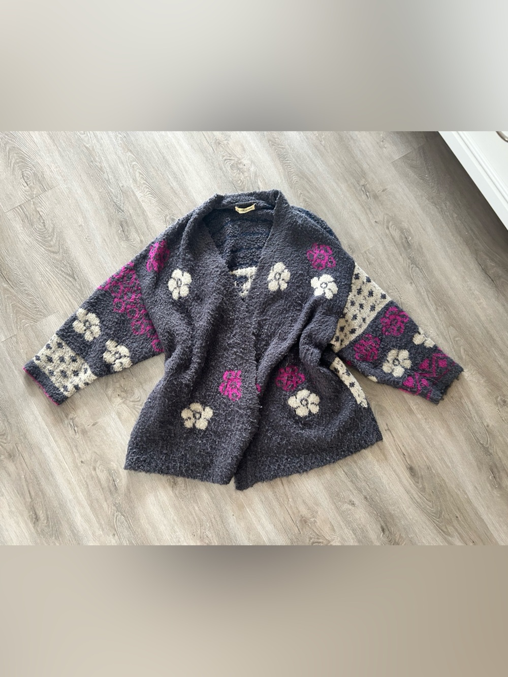 NATURAL LIFE Dark Gray Sweater Cardigan with Cream & Magenta Floral Accents
